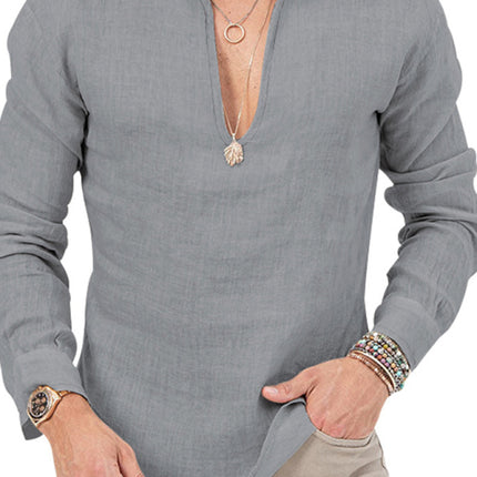 New Men's Henry Long Sleeve T-Shirt Slim Fit Solid Color Large Size Deep V Neck Shirt