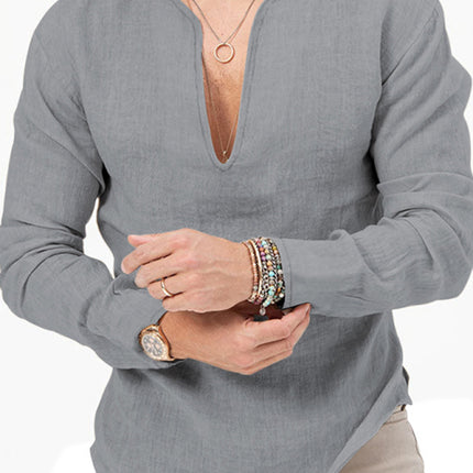 New Men's Henry Long Sleeve T-Shirt Slim Fit Solid Color Large Size Deep V Neck Shirt
