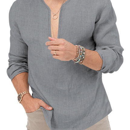 New Men's Henry Long Sleeve T-Shirt Slim Fit Solid Color Large Size Deep V Neck Shirt