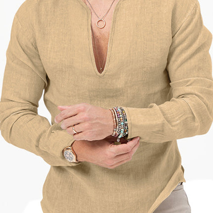 New Men's Henry Long Sleeve T-Shirt Slim Fit Solid Color Large Size Deep V Neck Shirt
