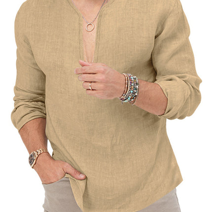 New Men's Henry Long Sleeve T-Shirt Slim Fit Solid Color Large Size Deep V Neck Shirt