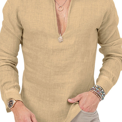 New Men's Henry Long Sleeve T-Shirt Slim Fit Solid Color Large Size Deep V Neck Shirt