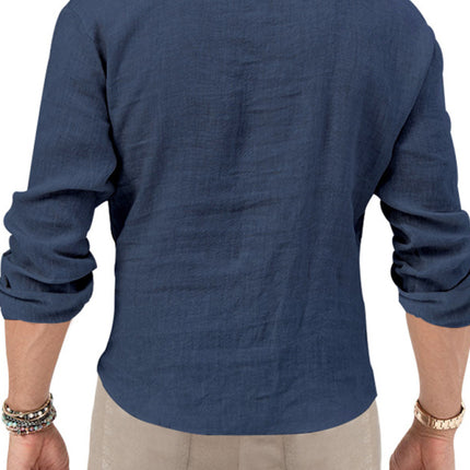 New Men's Henry Long Sleeve T-Shirt Slim Fit Solid Color Large Size Deep V Neck Shirt