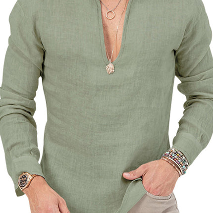 New Men's Henry Long Sleeve T-Shirt Slim Fit Solid Color Large Size Deep V Neck Shirt