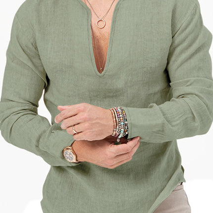 New Men's Henry Long Sleeve T-Shirt Slim Fit Solid Color Large Size Deep V Neck Shirt