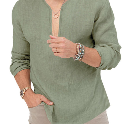 New Men's Henry Long Sleeve T-Shirt Slim Fit Solid Color Large Size Deep V Neck Shirt