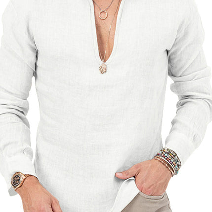 New Men's Henry Long Sleeve T-Shirt Slim Fit Solid Color Large Size Deep V Neck Shirt