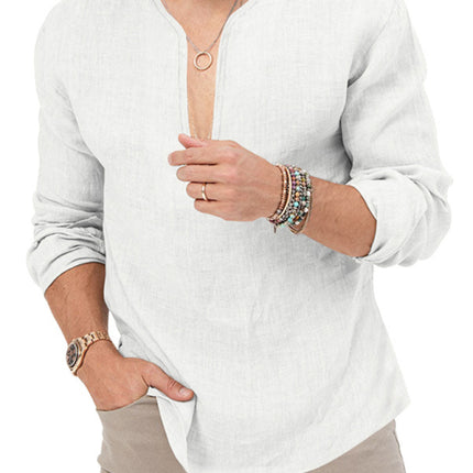 New Men's Henry Long Sleeve T-Shirt Slim Fit Solid Color Large Size Deep V Neck Shirt