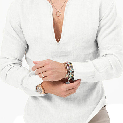 New Men's Henry Long Sleeve T-Shirt Slim Fit Solid Color Large Size Deep V Neck Shirt