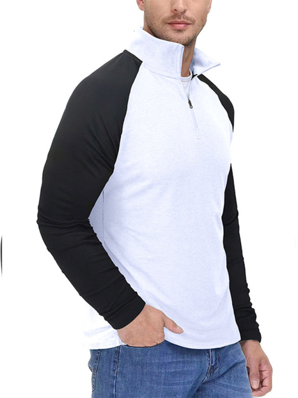 New Men's Long Sleeve Zipper High Collar Color Block Outdoor Stand Collar Sweatshirt Top