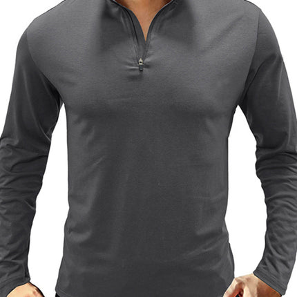 New Men's Long Sleeve Stand Collar Pullover Zip Polo Shirt