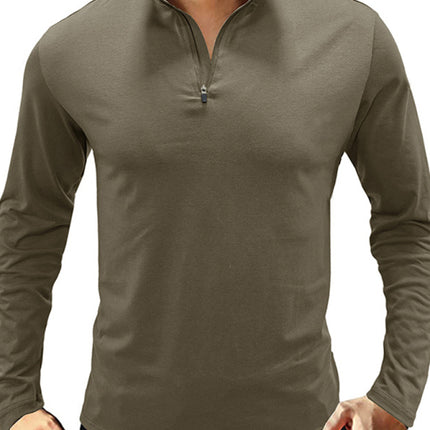 New Men's Long Sleeve Stand Collar Pullover Zip Polo Shirt