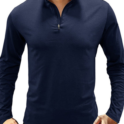 New Men's Long Sleeve Stand Collar Pullover Zip Polo Shirt