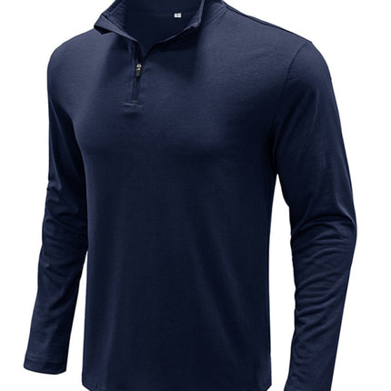 New Men's Long Sleeve Stand Collar Pullover Zip Polo Shirt