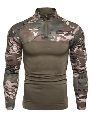 Men's Military Field Outdoor Elastic Fitness Camouflage Long Sleeve Zipper Pocket T-Shirt