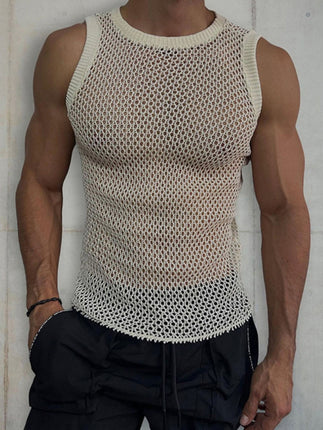 Men's Solid Color Round Neck Sleeveless Hollow Knitted Vest