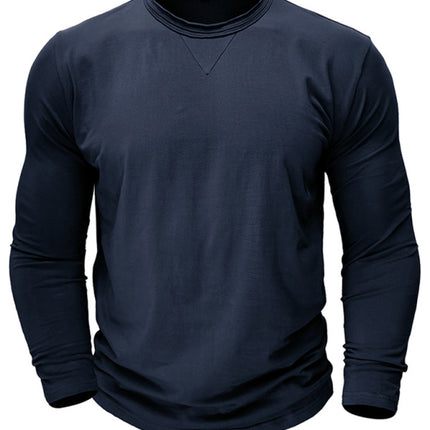Men's new solid color round neck long sleeve cotton t-shirt