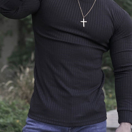 Fitness casual elastic vertical stripe round neck long-sleeved T-shirt