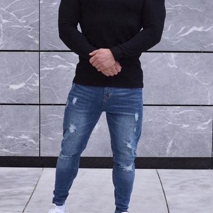 Fitness casual elastic vertical stripe round neck long-sleeved T-shirt