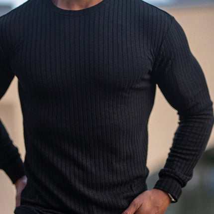 Fitness casual elastic vertical stripe round neck long-sleeved T-shirt