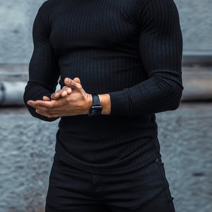 Fitness casual elastic vertical stripe round neck long-sleeved T-shirt