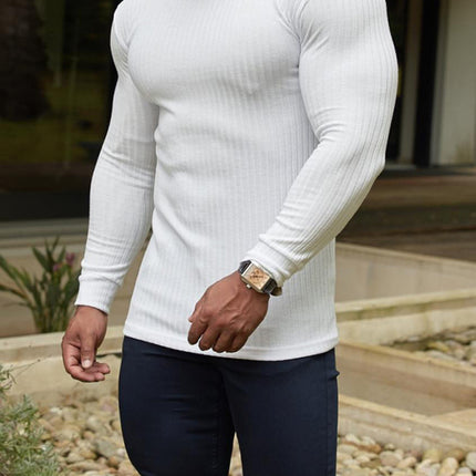Fitness casual elastic vertical stripe round neck long-sleeved T-shirt