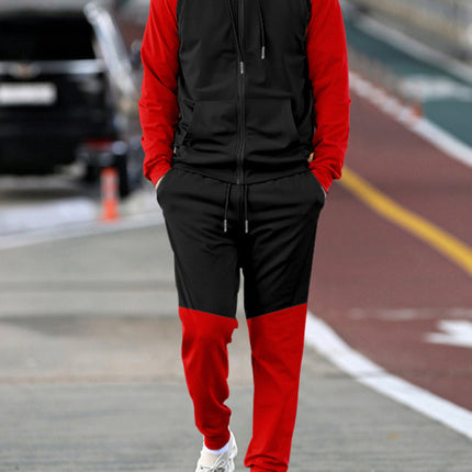 Men's new hooded sweatshirt with contrasting color casual sports suit