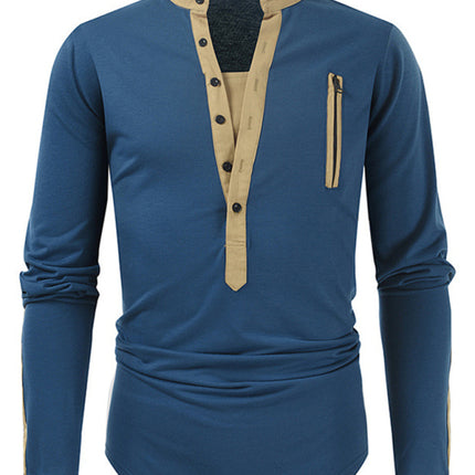 Men's New Outdoor Tactical Zipper Colorblock Henley Collar Long Sleeve T-Shirt
