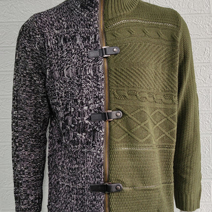 Men's high -necked color skin buckle long -sleeved knit sweater cardigan