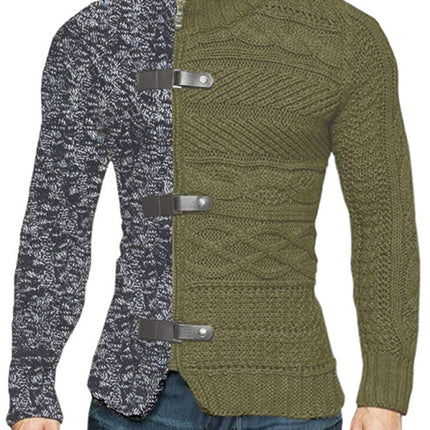 Men's high -necked color skin buckle long -sleeved knit sweater cardigan