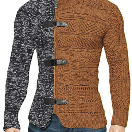Men's high -necked color skin buckle long -sleeved knit sweater cardigan