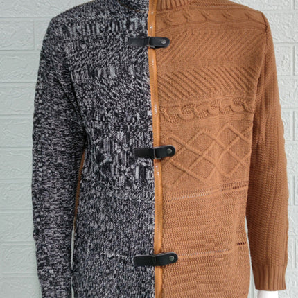 Men's high -necked color skin buckle long -sleeved knit sweater cardigan