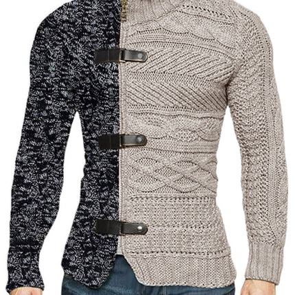 Men's high -necked color skin buckle long -sleeved knit sweater cardigan