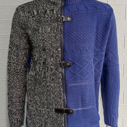Men's high -necked color skin buckle long -sleeved knit sweater cardigan