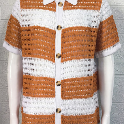 Men's new lapel short-sleeved color-blocked cardigan