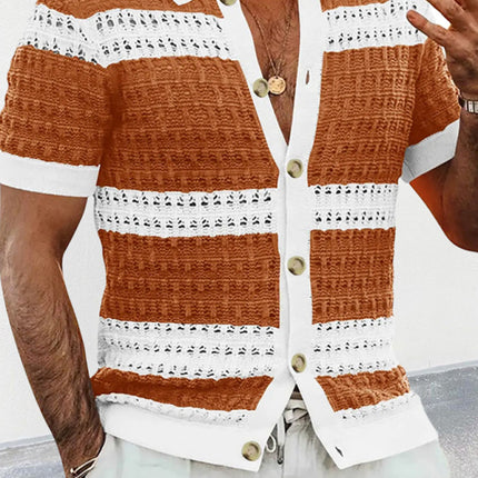 Men's new lapel short-sleeved color-blocked cardigan