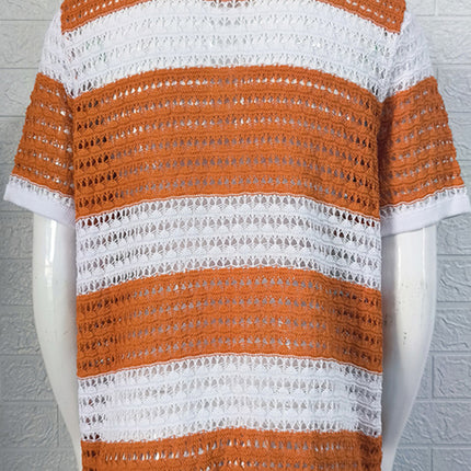 Men's new lapel short-sleeved color-blocked cardigan