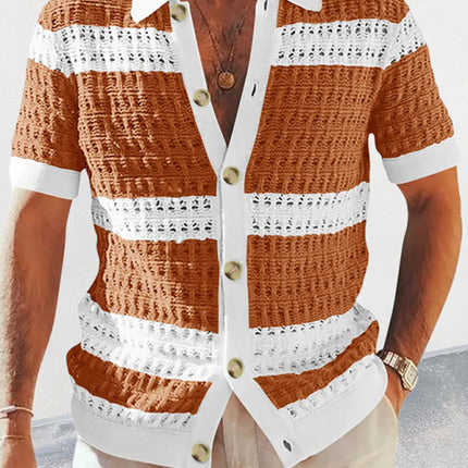 Men's new lapel short-sleeved color-blocked cardigan