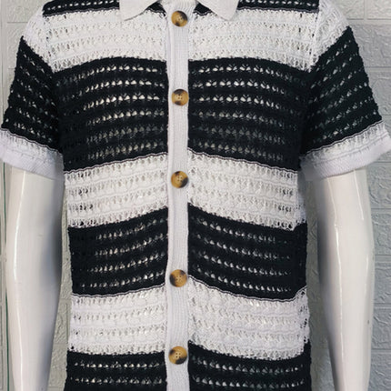 Men's new lapel short-sleeved color-blocked cardigan