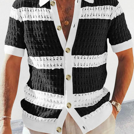 Men's new lapel short-sleeved color-blocked cardigan