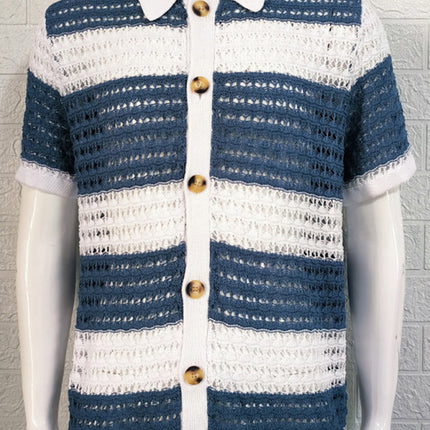 Men's new lapel short-sleeved color-blocked cardigan