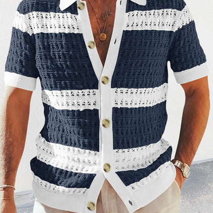Men's new lapel short-sleeved color-blocked cardigan