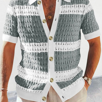 Men's new lapel short-sleeved color-blocked cardigan