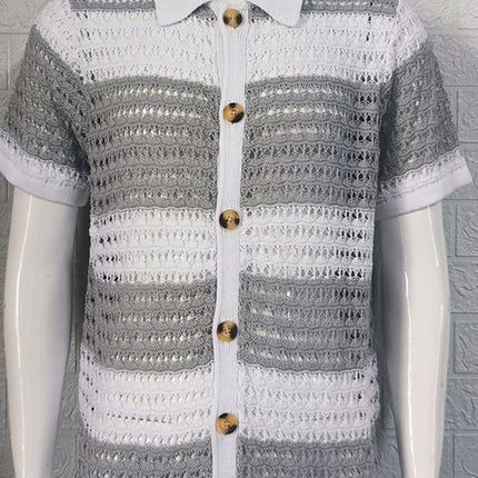 Men's new lapel short-sleeved color-blocked cardigan