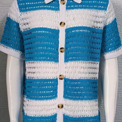 Men's new lapel short-sleeved color-blocked cardigan