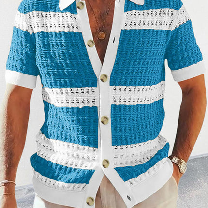 Men's new lapel short-sleeved color-blocked cardigan