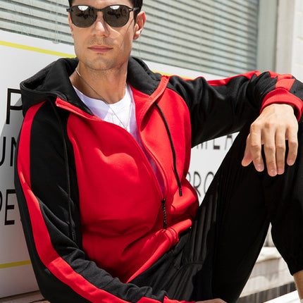 Men's casual contrasting color zipper cardigan hooded sweatshirt