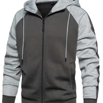 Men's casual contrasting color zipper cardigan hooded sweatshirt