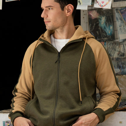 Men's casual contrasting color zipper cardigan hooded sweatshirt
