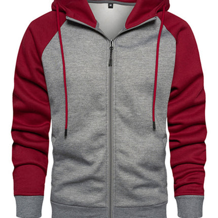 Men's casual contrasting color zipper cardigan hooded sweatshirt